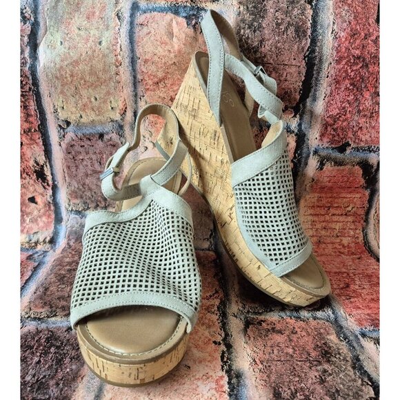 Franco Sarto Cork Platform Wedge Sling Back Sandal Taupe Size 10 Mesh Faux Suede - Picture 1 of 14